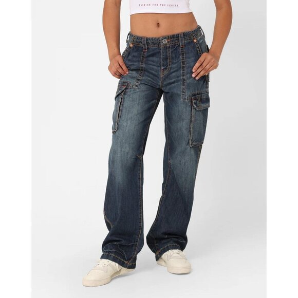 True Religion Big T Cargo Pants Women’s 29 Low Rise Baggy Jeans Embroidered Y2K - Picture 4 of 16